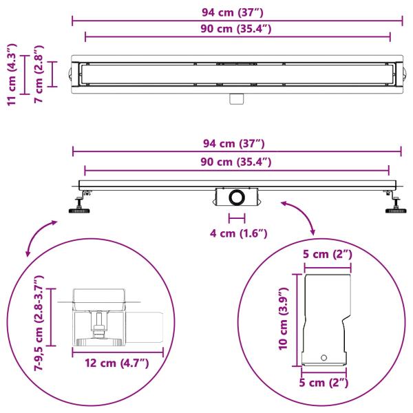 Duschabfluss mit Glasabdeckung Schwarz 90 cm Edelstahl 304