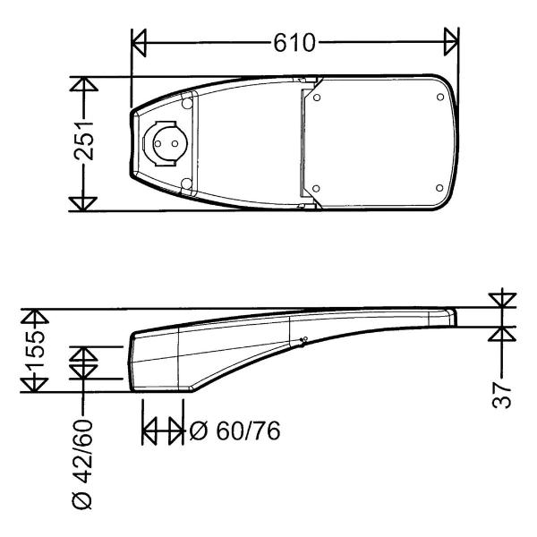 Schuch 480010703 LED-Mastleuchte, 9W, 35W, 1120lm, 4800lm, 124lm/W, 137lm/W, SKII, IP66, asymmetrisch-breitstrahlend, grau
