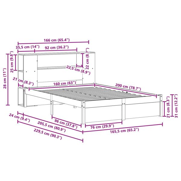 Bücherregal Bettgestell mit Kopfteil Wachsbraun 160 x 200 cm