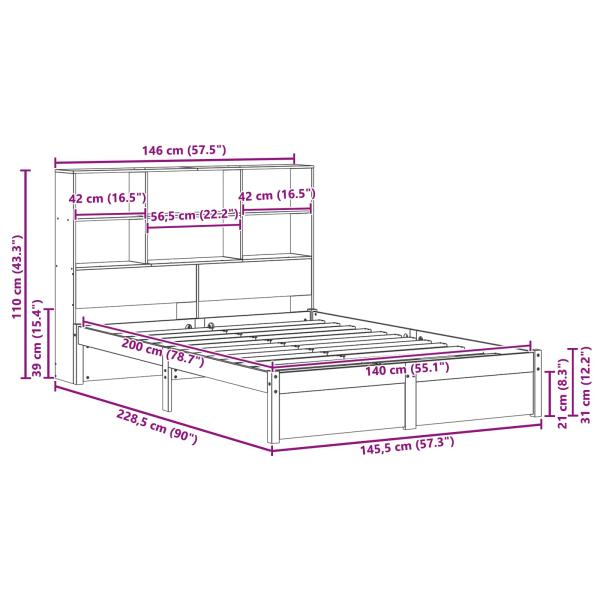 Bücherregal Bettgestell mit Kopfteil Wachsbraun 140 x 200 cm
