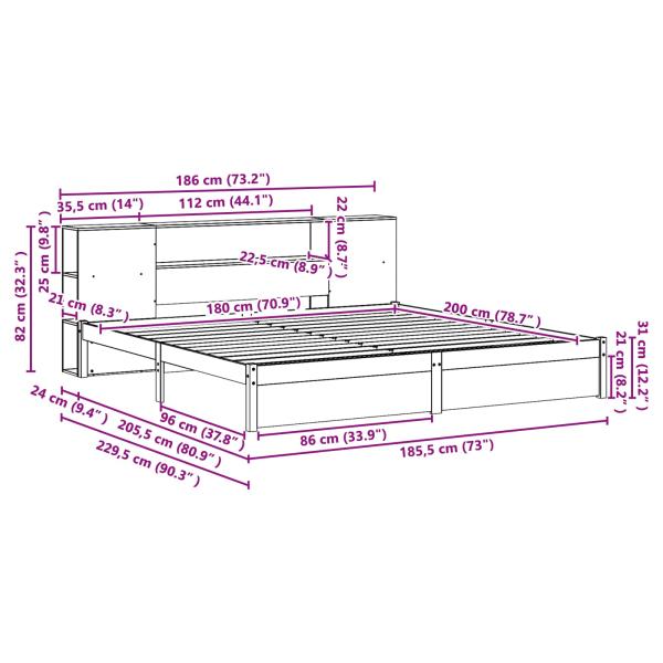 Bücherregal Bettgestell mit Kopfteil Wachsbraun 180 x 200 cm