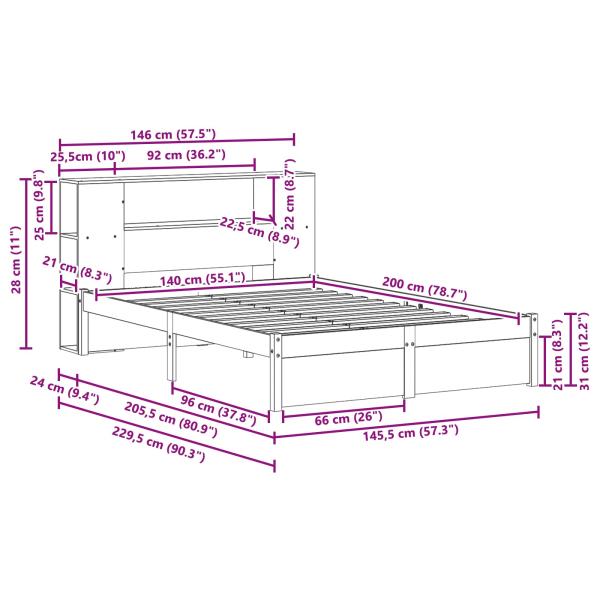 Bücherregal Bettgestell mit Kopfteil Wachsbraun 140 x 200 cm