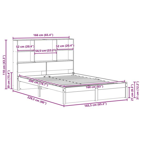 Bücherregal Bettgestell mit Kopfteil Wachsbraun 160 x 200 cm