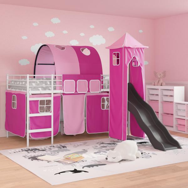 ARDEBO.de - Kinderloftbett Weiß und Rosa 99,5 x 200 cm Metall