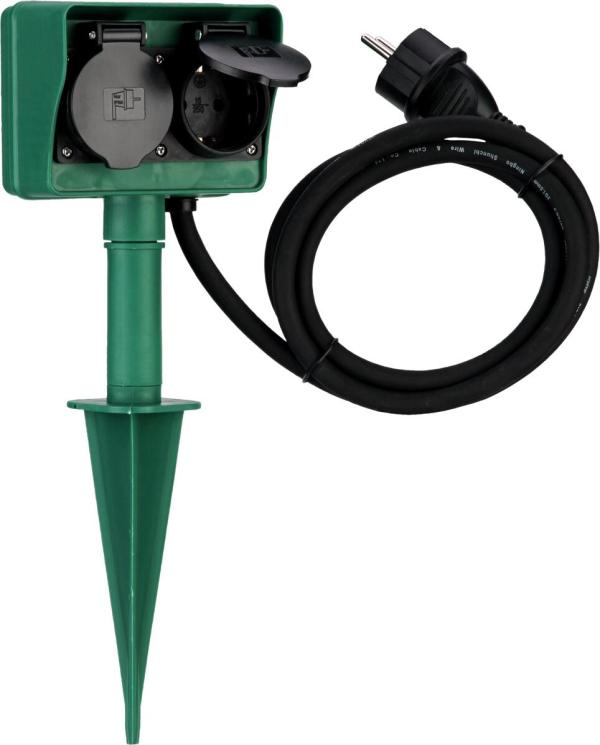 REV Erdspieß mit Steckdose, 2-Fach, 1,4m Kabel, IP44, mit Befestigungsplatte, grün-schwarz (0595004555)