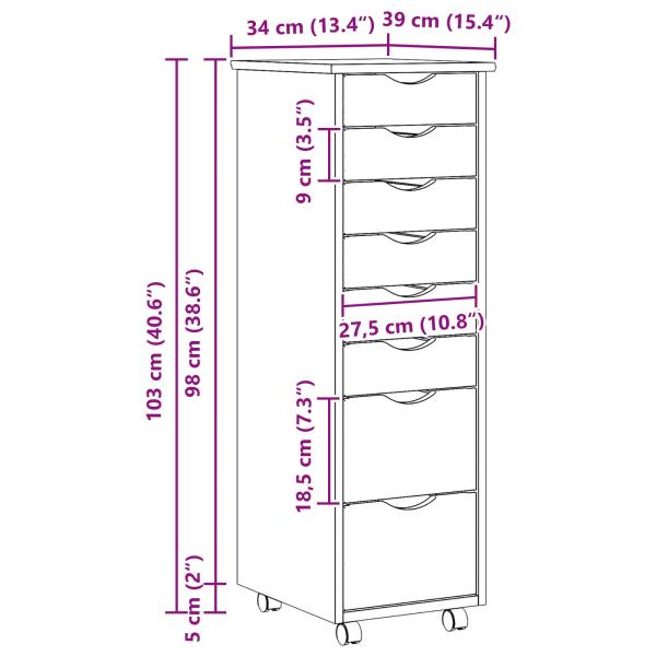 Rollcontainer mit Schubladen MOSS Klarlack 34 x 39 x 103 cm