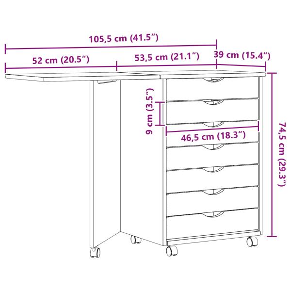 Rollwagen mit Schreibtisch MOSS Klarlack 105,5 x 39 x 74,5 cm