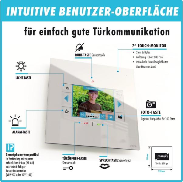 M-E VDV-1007-W 7 Zoll Monitor, Bildspeicher, Freisprechen, Sensortouch & mp3, weiß (41278)