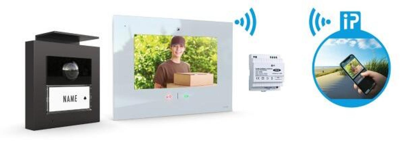 M-E Vistadoor VDV-20109-A-W Video Türsprechanlage, 1-Fam.-Haus Set RFID, ALU Außenstation, IP-Innenstation (App), anthrazit/weiß (41366)