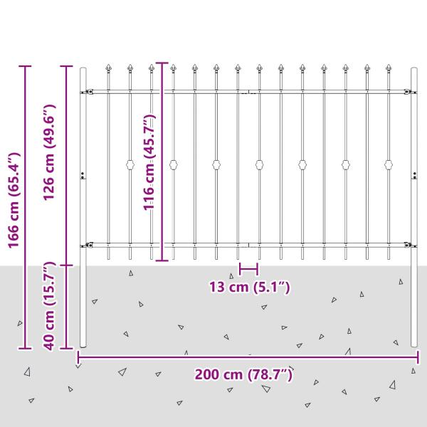 Spießzaun Schwarz 200 x 130 cm Pulverbeschichteter Stahl