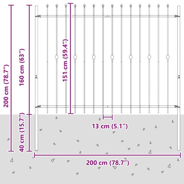 Spießzaun Schwarz 200 x 200 cm Pulverbeschichteter Stahl