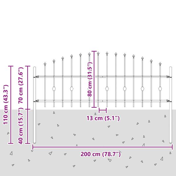 Spießzaun Schwarz 200 x 130 cm Pulverbeschichteter Stahl