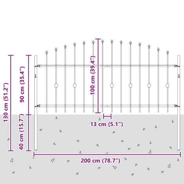 Spießzaun Schwarz 200 x 130 cm Pulverbeschichteter Stahl