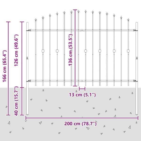 Spießzaun Schwarz 200 x 130 cm Pulverbeschichteter Stahl