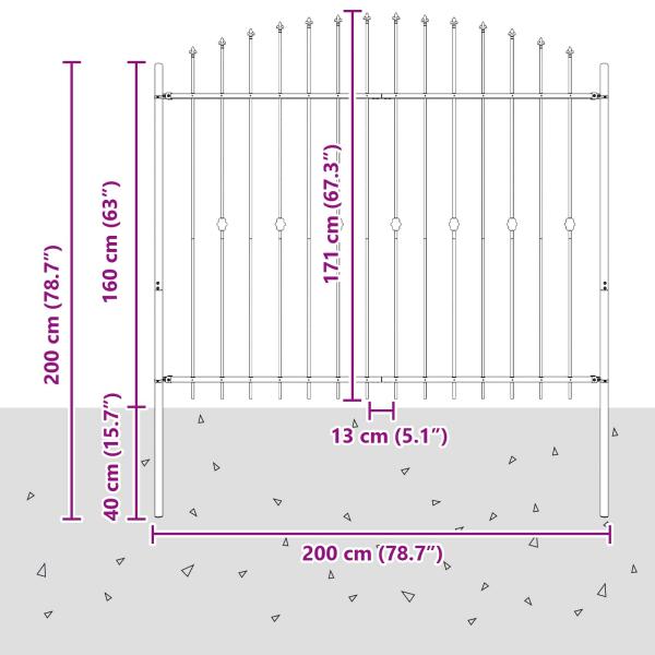 Spießzaun Schwarz 200 x 200 cm Pulverbeschichteter Stahl