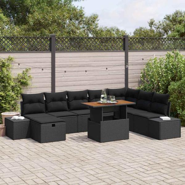 ARDEBO.de - Garten-Sofa-Set mit Speicher 9 pcs Schwarz Poly Rattan
