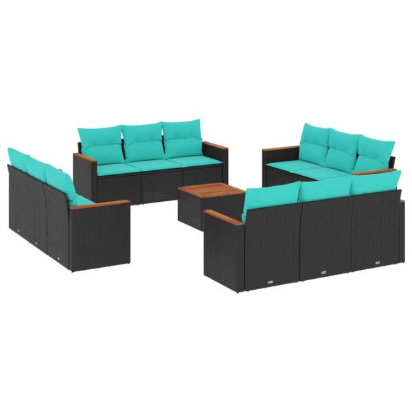 13-teiliges Gartensofa-Set mit Kissen, schwarzes Polyrattan