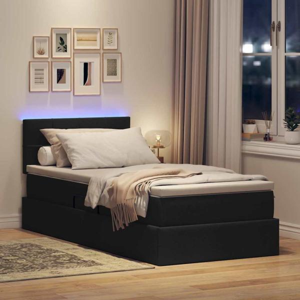 Bett mit Stauraum und LED mit LED Schwarz 90 x 200 cm Stoff