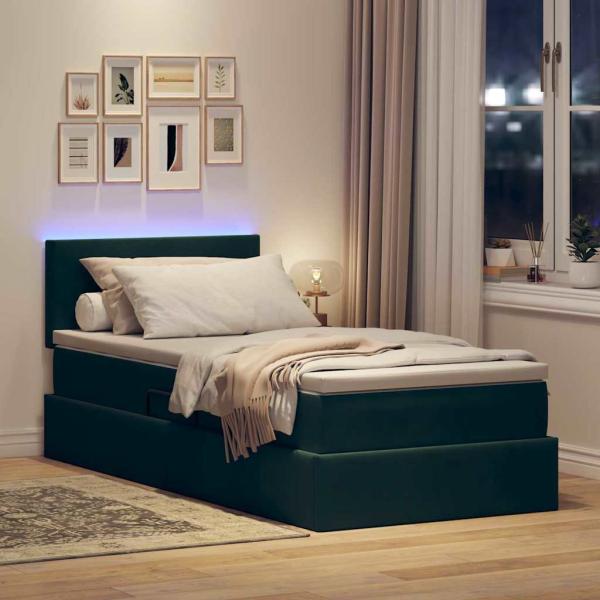 ARDEBO.de - Bett mit Stauraum und LED mit LED Dunkelgrün 90 x 190 cm Samt