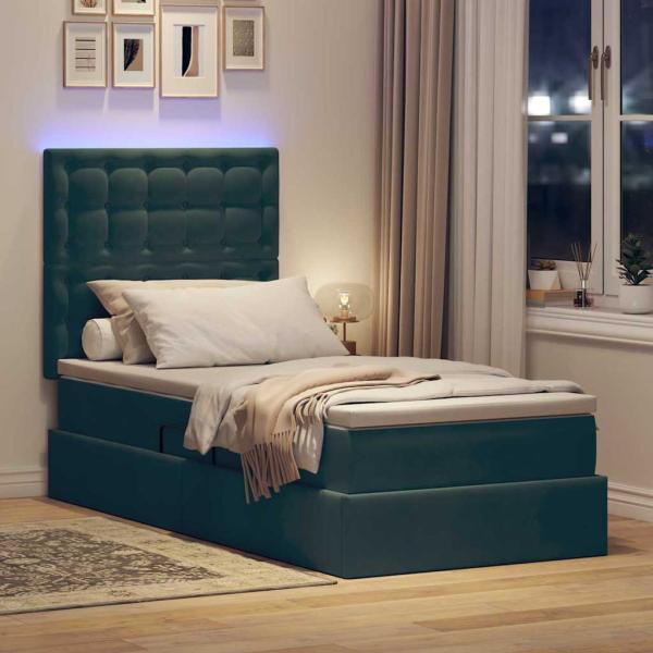 Bett mit Stauraum und LED mit LED Dunkelgrün 90 x 190 cm Samt