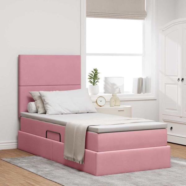 ARDEBO.de - Bett mit Stauraum und LED mit Matratze Rosa 100 x 200 cm Samt