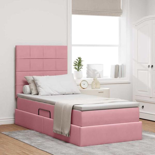 ARDEBO.de - Bett mit Stauraum und LED mit Matratze Rosa 100 x 200 cm Samt