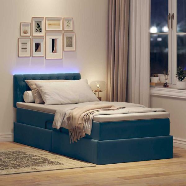 Bett mit Stauraum und LED mit LED Dunkelblau 90 x 190 cm Samt