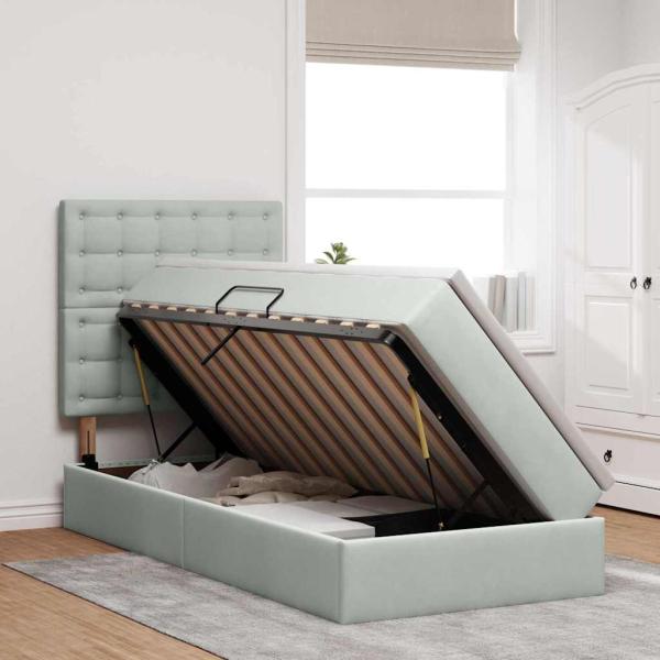 Bett mit Stauraum und LED mit LED Hellgrau 90 x 190 cm Samt