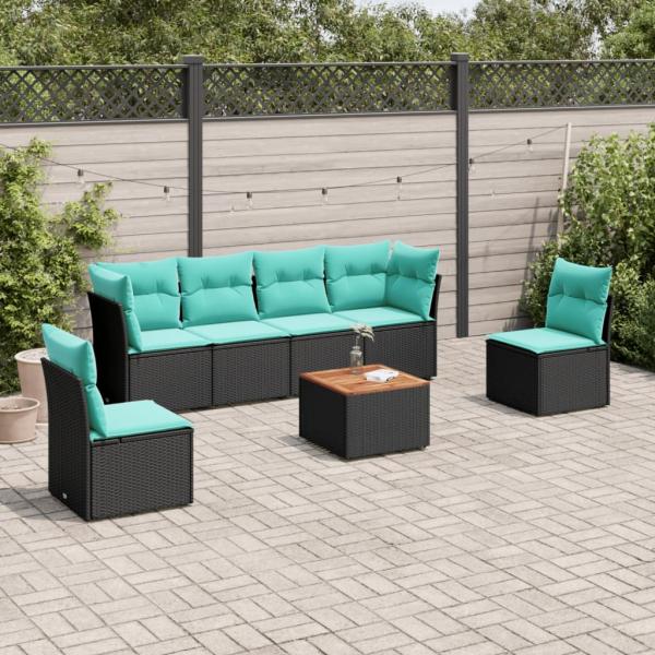 ARDEBO.de - 7-tlg. Garten-Sofagarnitur mit Kissen Schwarz Poly Rattan