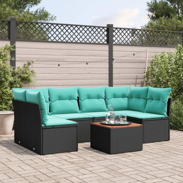 ARDEBO.de - 7-tlg. Garten-Sofagarnitur mit Kissen Schwarz Poly Rattan