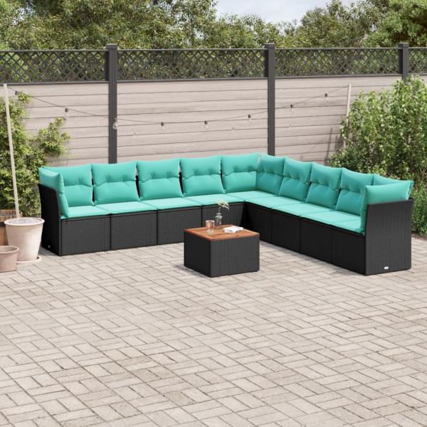 ARDEBO.de - 10-tlg. Garten-Sofagarnitur mit Kissen Schwarz Poly Rattan