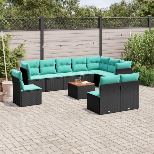 ARDEBO.de - 11-tlg. Garten-Sofagarnitur mit Kissen Schwarz Poly Rattan