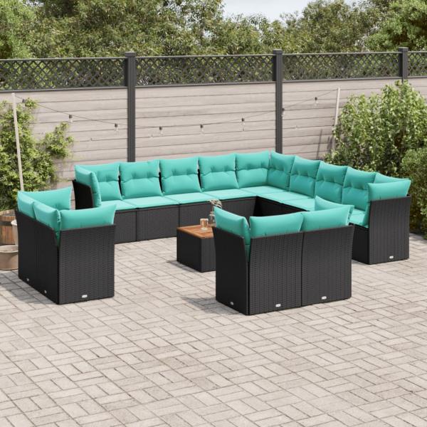ARDEBO.de - 14-tlg. Garten-Sofagarnitur mit Kissen Schwarz Poly Rattan