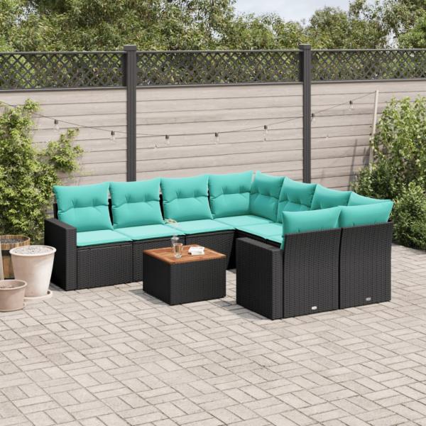 ARDEBO.de - 9-tlg. Garten-Sofagarnitur mit Kissen Schwarz Poly Rattan