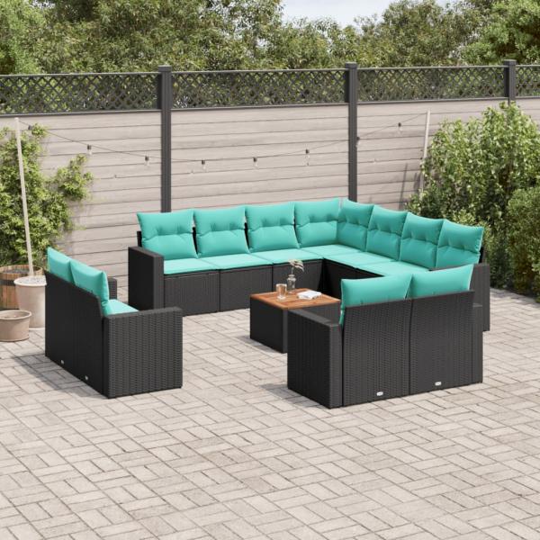 ARDEBO.de - 12-tlg. Garten-Sofagarnitur mit Kissen Schwarz Poly Rattan