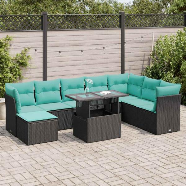 ARDEBO.de - 9-tlg. Garten-Sofagarnitur mit Kissen Schwarz Poly Rattan