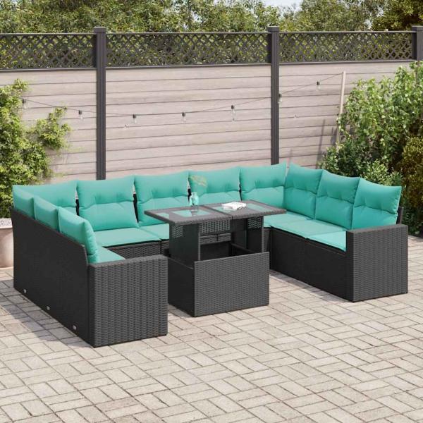 ARDEBO.de - 10-tlg. Garten-Sofagarnitur mit Kissen Schwarz Poly Rattan