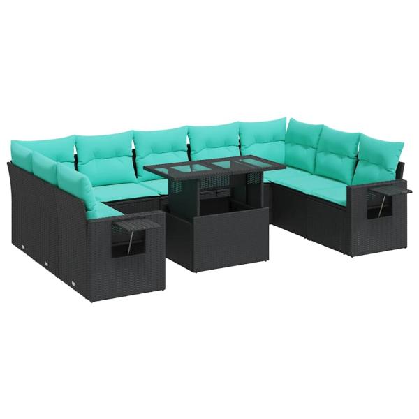 10-tlg. Garten-Sofagarnitur mit Kissen Schwarz Poly Rattan