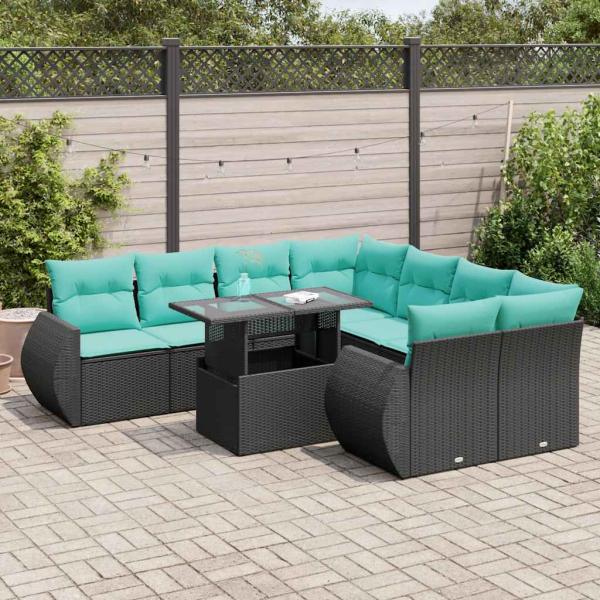 ARDEBO.de - 9-tlg. Garten-Sofagarnitur mit Kissen Schwarz Poly Rattan