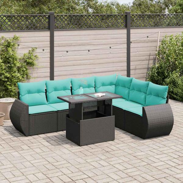 ARDEBO.de - 7-tlg. Garten-Sofagarnitur mit Kissen Schwarz Poly Rattan