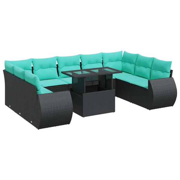 10-tlg. Garten-Sofagarnitur mit Kissen Schwarz Poly Rattan