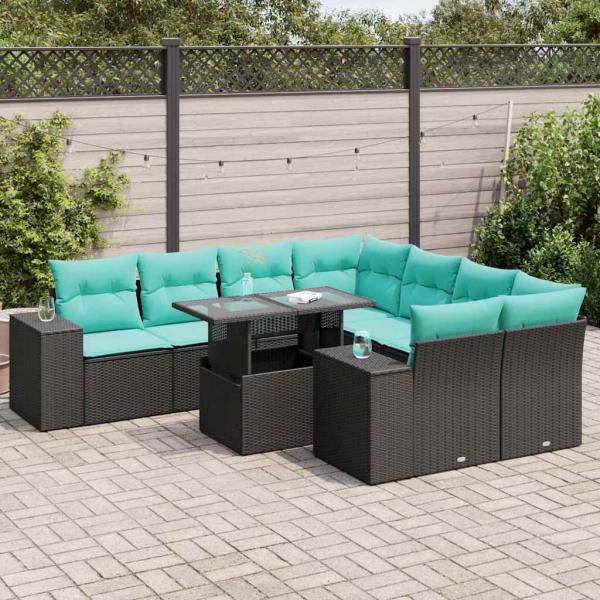 ARDEBO.de - 9-tlg. Garten-Sofagarnitur mit Kissen Schwarz Poly Rattan