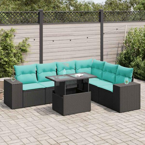 ARDEBO.de - 7-tlg. Garten-Sofagarnitur mit Kissen Schwarz Poly Rattan