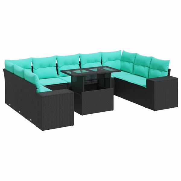 10-tlg. Garten-Sofagarnitur mit Kissen Schwarz Poly Rattan