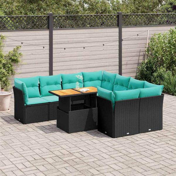 ARDEBO.de - 9-tlg. Garten-Sofagarnitur mit Kissen Schwarz Poly Rattan