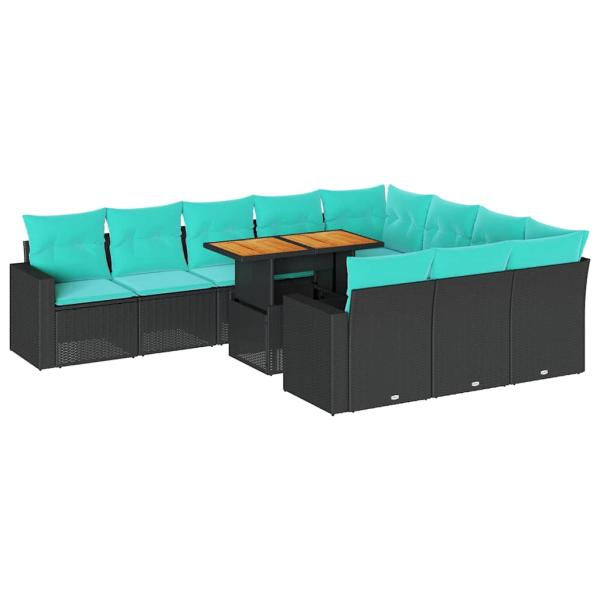 11-tlg. Garten-Sofagarnitur mit Kissen Schwarz Poly Rattan