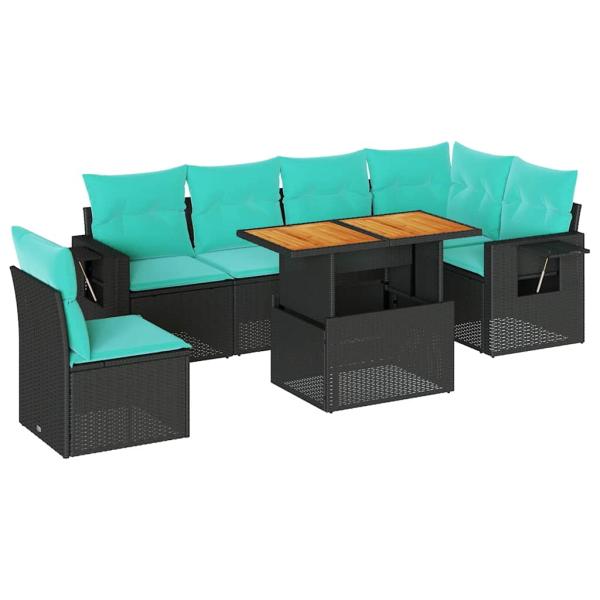 7-tlg. Garten-Sofagarnitur mit Kissen Schwarz Poly Rattan
