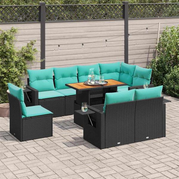 ARDEBO.de - 9-tlg. Garten-Sofagarnitur mit Kissen Schwarz Poly Rattan