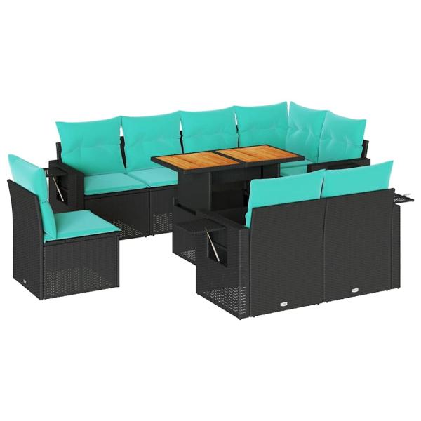 9-tlg. Garten-Sofagarnitur mit Kissen Schwarz Poly Rattan