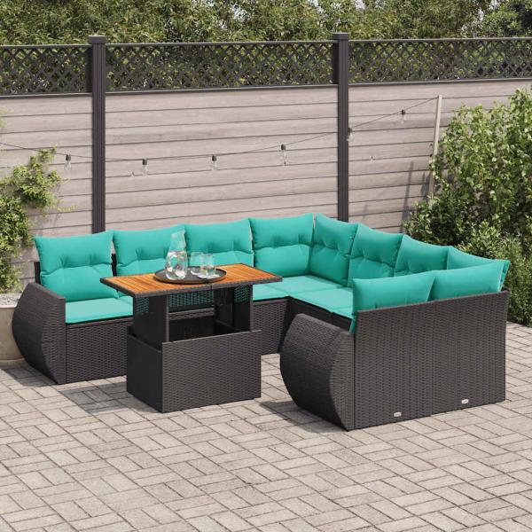 ARDEBO.de - 9-tlg. Garten-Sofagarnitur mit Kissen Schwarz Poly Rattan